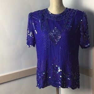 Vintage Laurence Kazar Blue Silk Sequined Scalloped Blouse size Large